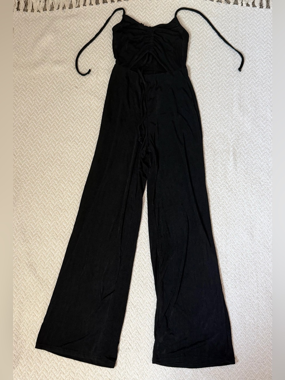 Black Tie-Shoulder Ruched Wide-Leg Jumpsuit